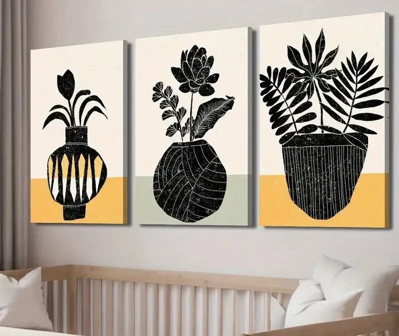 3pcs Black & White Plant Silhouette Floral Vase Wall Art Set Canvas Framed 40x60cm – High Quality Print 100% Australian Made Wall Canvas Ready to Hang