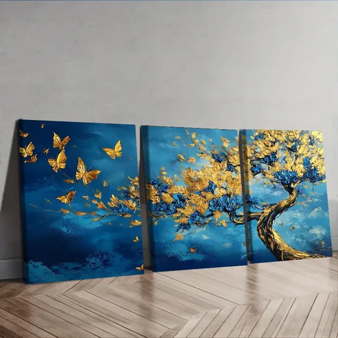 3pcs An abstract tree with golden leaves Wall Art Set Canvas Framed 40x60cm – High Quality Print 100% Australian Made Wall Canvas Ready to Hang