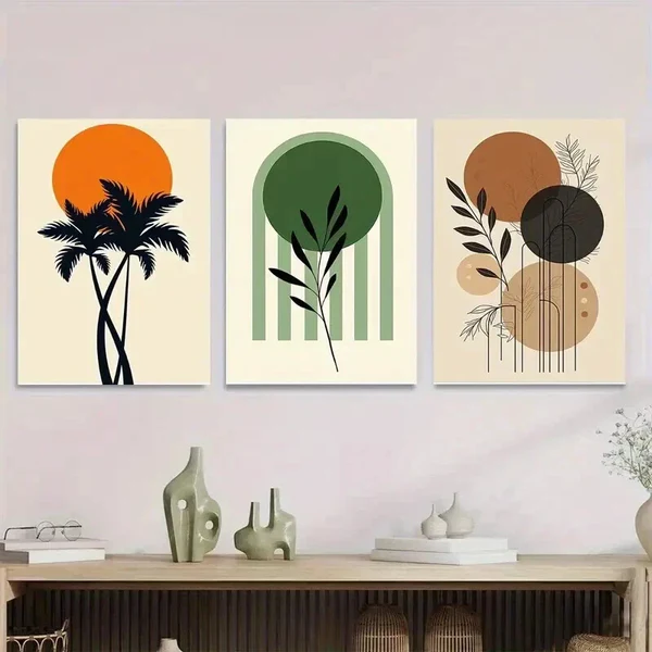 3pcs Tropical Palm Tree, Green Leaves Orange Wall Art Set Canvas Framed 50x70cm – High Quality Print 100% Australian Made Wall Canvas Ready to Hang