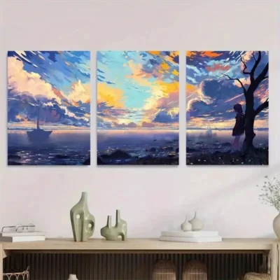 3pcs Beautiful Sunset Seascape Blue Sky & Ocean Wall Art Set Canvas Framed 50x70cm - High Quality Print 100% Australian Made Wall Canvas Ready to Hang