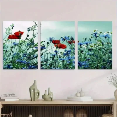 3pcs Beautiful Red Poppy and Blue Flower Wall Art Set Canvas Framed 40x60cm - High Quality Print 100% Australian Made Wall Canvas Ready to Hang