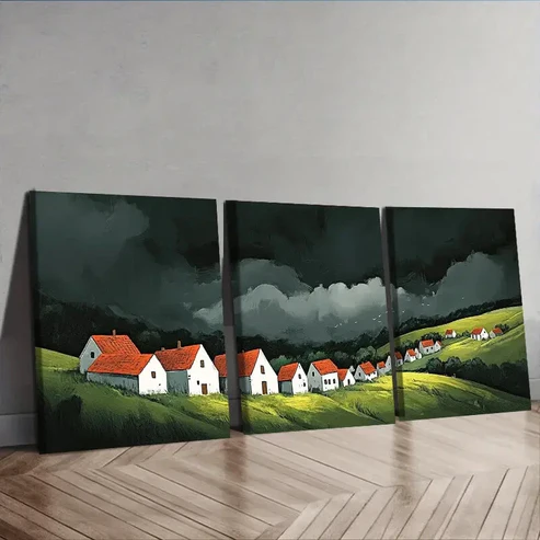 3pcs A little village with red roofs Wall Art Set Canvas Framed 40x60cm – High Quality Print 100% Australian Made Wall Canvas Ready to Hang