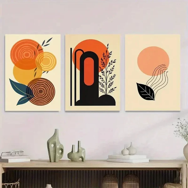 3pcs Vibrant Orange & Black Geometric Abstract Wall Art Set Canvas Framed 50x70cm – High Quality Print 100% Australian Made Wall Canvas Ready to Hang