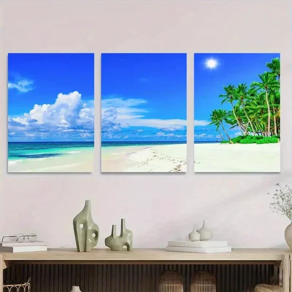 3pcs Palm Trees & Sandy Shoreline Beach Paradise Wall Art Set Canvas Framed 40x60cm – High Quality Print 100% Australian Made Wall Canvas Ready to Hang