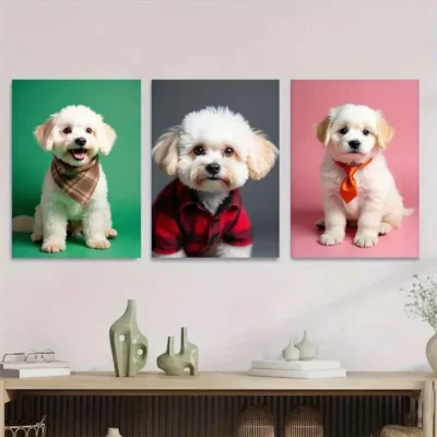 3pcs Chic & Stylish Dog Green, Gray, Pink Wall Art Set Canvas Framed 50x70cm - High Quality Print 100% Australian Made Wall Canvas Ready to Hang