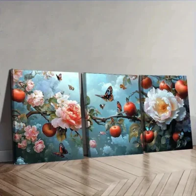 3pcs Rose hips and butterflies are flying Wall Art Set Canvas Framed 50x70cm - High Quality Print 100% Australian Made Wall Canvas Ready to Hang