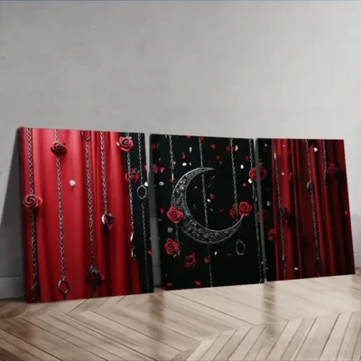 3pcs Black Moon and Red Roses Wall Art Set Canvas Framed 40x60cm - High Quality Print 100% Australian Made Wall Canvas Ready to Hang