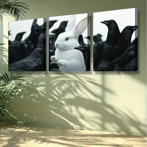 3pcs White rabbit, crow Animal Wall Art Set Canvas Framed 40x60cm -High Quality Print 100% Australian Made Wall Canvas Ready to Hang