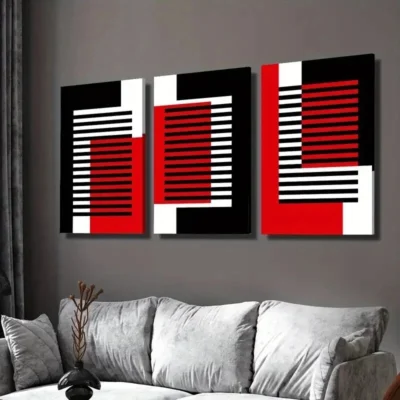 3pcs Abstract Geometric Black White Red Line Wall Art Set Canvas Framed 40x60cm - High Quality Print 100% Australian Made Wall Canvas Ready to Hang
