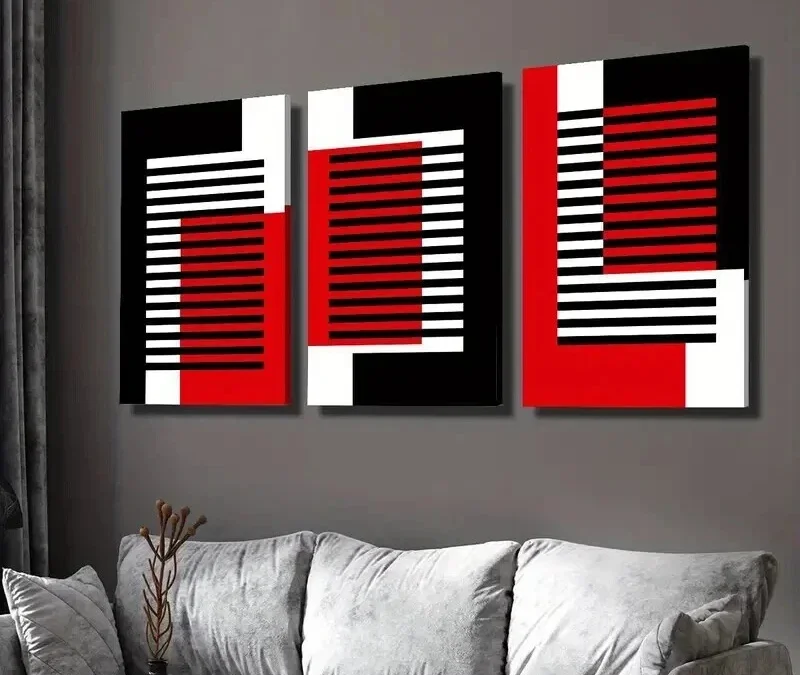 3pcs Abstract Geometric Black White Red Line Wall Art Set Canvas Framed 40x60cm – High Quality Print 100% Australian Made Wall Canvas Ready to Hang