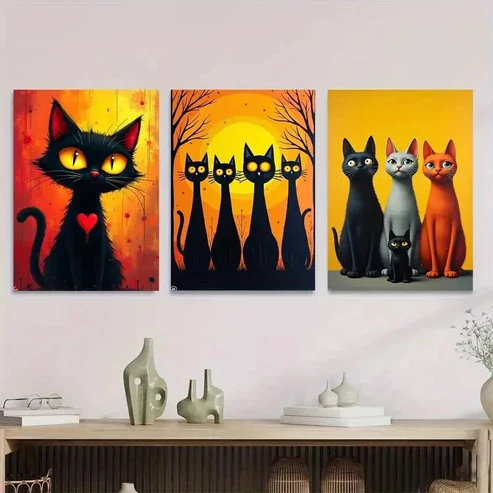 3pcs Black Cat Family Picture Modern Wall Art Set Canvas Framed 50x70cm – High Quality Print 100% Australian Made Wall Canvas Ready to Hang