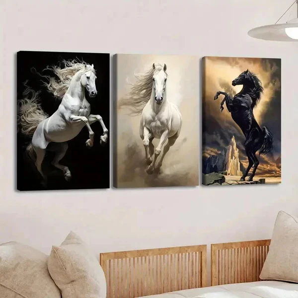 3pcs Horse Paintings Running Horse Black & Gold Wall Art Set Canvas Framed 50x70cm – High Quality Print 100% Australian Made Wall Canvas Ready to Hang