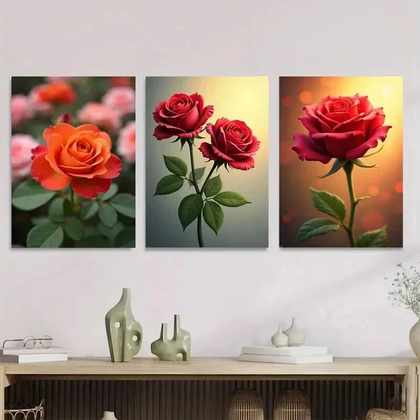 3pcs Vibrant Rose Flower Green Picture Wall Art Set Canvas Framed 50x70cm – High Quality Print 100% Australian Made Wall Canvas Ready to Hang