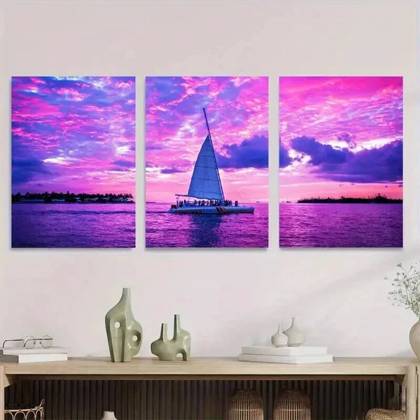 3pcs Sunset Sailboat Bright Pink & Purple Sky Wall Art Set Canvas Framed 40x60cm – High Quality Print 100% Australian Made Wall Canvas Ready to Hang