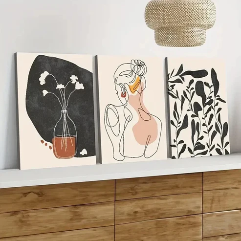 3pcs Abstract Single Line Girl Silhouette Floral Wall Art Set Canvas Framed 40x60cm – High Quality Print 100% Australian Made Wall Canvas Ready to Hang