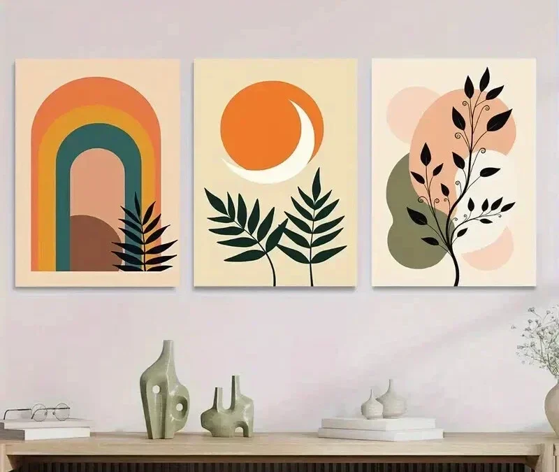 3pcs Boho Rainbow, Sun, And Leaf Modern Abstrac