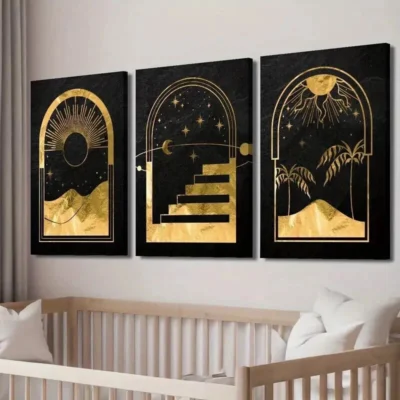 3pcs Abstract Mystical Golden Moon & Sun Wall Art Set Canvas Framed 40x60cm - High Quality Print 100% Australian Made Wall Canvas Ready to Hang