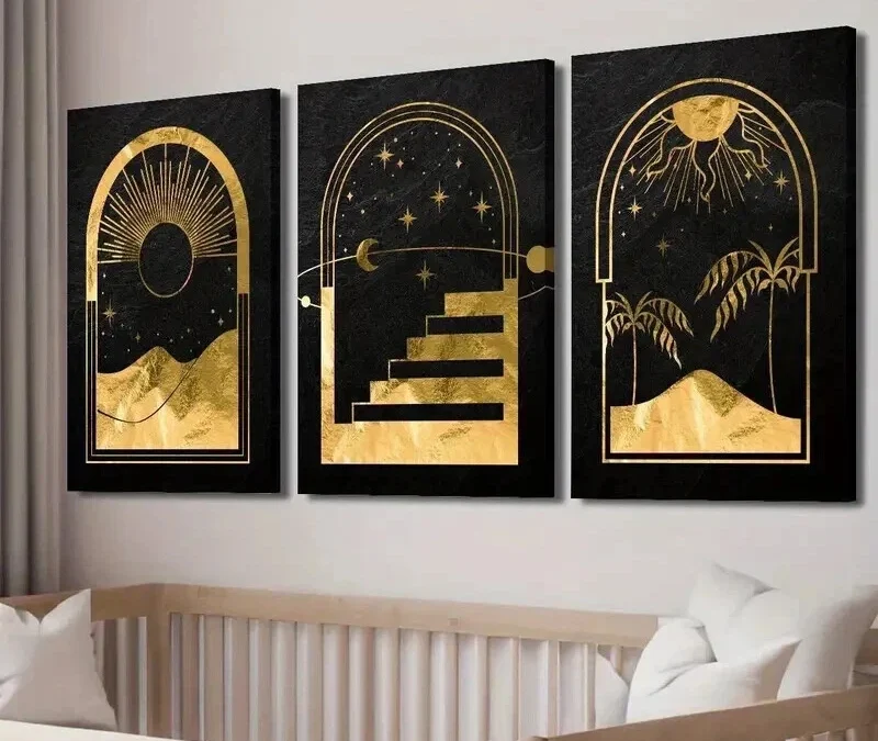3pcs Abstract Mystical Golden Moon & Sun Wall Art Set Canvas Framed 40x60cm – High Quality Print 100% Australian Made Wall Canvas Ready to Hang