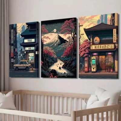 3pcs Japanese Night Shop & Retro Cherry Blossom Wall Art Set Canvas Framed 40x60cm - High Quality Print 100% Australian Made Wall Canvas Ready to Hang