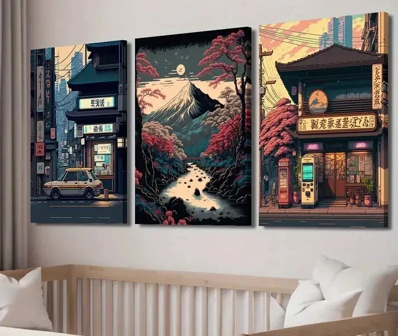3pcs Japanese Night Shop & Retro Cherry Blossom Wall Art Set Canvas Framed 40x60cm – High Quality Print 100% Australian Made Wall Canvas Ready to Hang