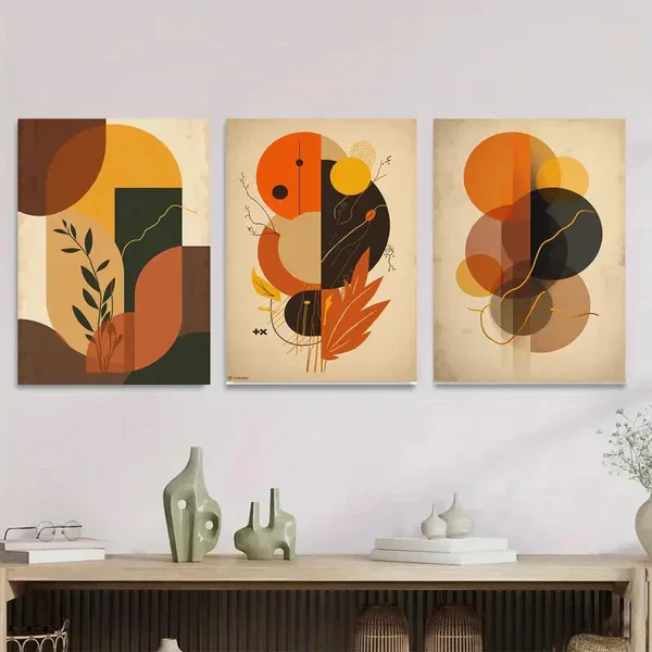 3pcs Retro Abstract Geometric & Floral Designs Wall Art Set Canvas Framed 50x70cm – High Quality Print 100% Australian Made Wall Canvas Ready to Hang