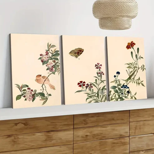 3pcs Vintage Flowers Birds Florals Green Leaves Wall Art Set Canvas Framed 40x60cm – High Quality Print 100% Australian Made Wall Canvas Ready to Hang