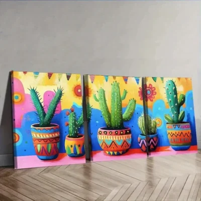 3pcs Cactus in Colorful Flower POTS Painting Wall Art Set Canvas Framed 50x70cm - High Quality Print 100% Australian Made Wall Canvas Ready to Hang
