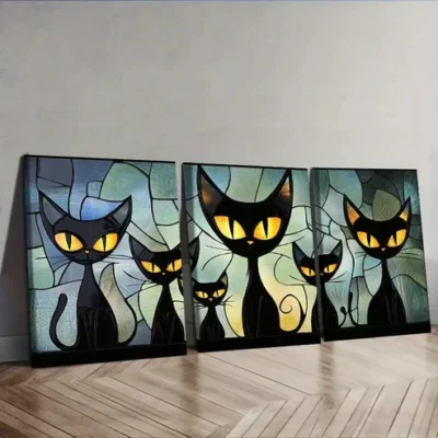 3pcs Featuring a Family of Black Cats Wall Art Set Canvas Framed 40x60cm - High Quality Print 100% Australian Made Wall Canvas Ready to Hang