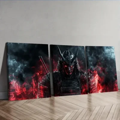 3pcs A crimson warrior with black horns Wall Art Set Canvas Framed 50x70cm - High Quality Print 100% Australian Made Wall Canvas Ready to Hang