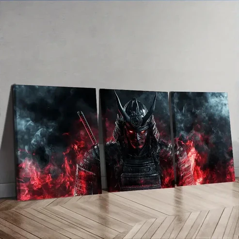 3pcs A crimson warrior with black horns Wall Art Set Canvas Framed 50x70cm – High Quality Print 100% Australian Made Wall Canvas Ready to Hang