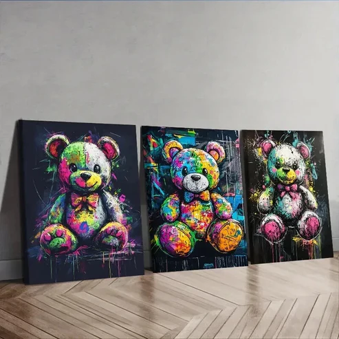 3pcs Colorful teddy bear graffiti Wall Art Set Canvas Framed 50x70cm – High Quality Print 100% Australian Made Wall Canvas Ready to Hang