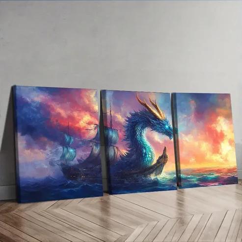 3pcs Blue Dragon on Boat Wall Art Set Canvas Framed 40x60cm – High Quality Print 100% Australian Made Wall Canvas Ready to Hang
