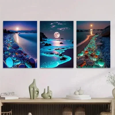 3pcs Beach Moonlight Sunset and Starry Sky Wall Art Set Canvas Framed 50x70cm - High Quality Print 100% Australian Made Wall Canvas Ready to Hang