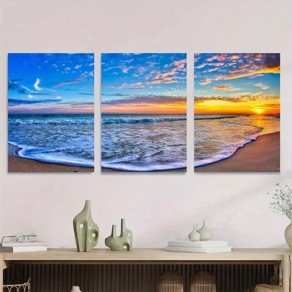 3pcs Beach Sunset Ocean With Dramatic Sky Wall Art Set Canvas Framed 50x70cm – High Quality Print 100% Australian Made Wall Canvas Ready to Hang