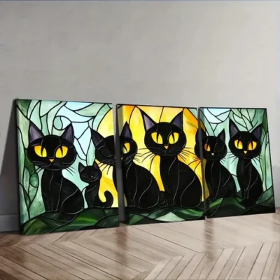 3pcs Black Cats Family Wall Art Set Canvas Framed 40x60cm - High Quality Print 100% Australian Made Wall Canvas Ready to Hang