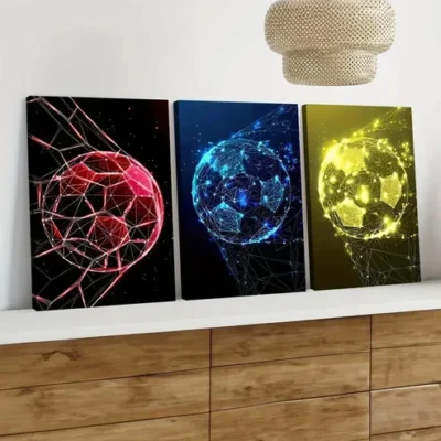 3pcs Soccer Ball Geometric Colourful Red Blue Wall Art Set Canvas Framed 50x70cm - High Quality Print 100% Australian Made Wall Canvas Ready to Hang