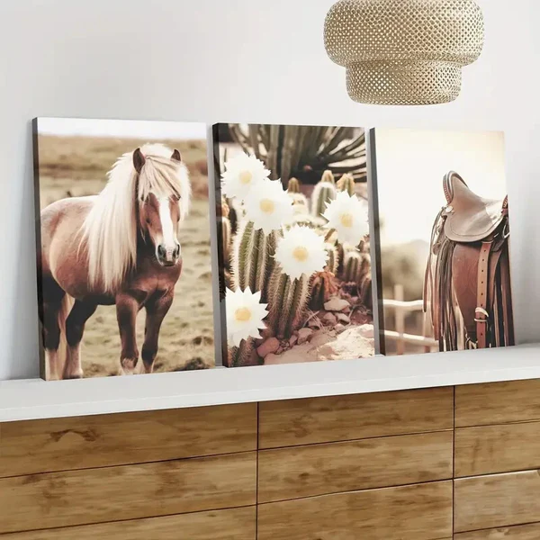 3pcs Rustic Cowboy Farmhouse Horse and Cactus Wall Art Set Canvas Framed 40x60cm – High Quality Print 100% Australian Made Wall Canvas Ready to Hang