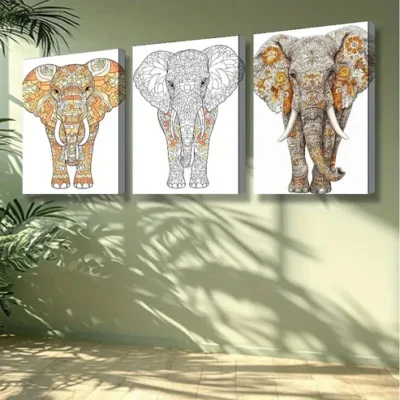 3pcs Stylized elephant Wall Art Painting Wall Art Set Canvas Framed 40x60cm -High Quality Print 100% Australian Made Wall Canvas Ready to Hang