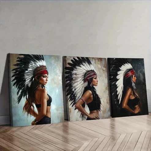 3pcs Indian girls wear feathered headdresses Wall Art Set Canvas Framed 50x70cm – High Quality Print 100% Australian Made Wall Canvas Ready to Hang