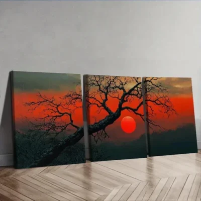 3pcs The Red Sun Tree Wall Art Set Canvas Framed 50x70cm - High Quality Print 100% Australian Made Wall Canvas Ready to Hang