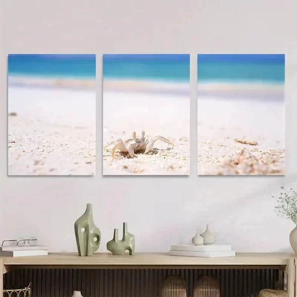 3pcs Beach Scene Ocean Crab & Seashells Wall Art Set Canvas Framed 40x60cm – High Quality Print 100% Australian Made Wall Canvas Ready to Hang