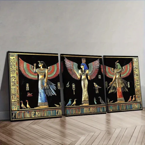 3pcs Black ancient Egyptian frescoes Wall Art Set Canvas Framed 40x60cm – High Quality Print 100% Australian Made Wall Canvas Ready to Hang