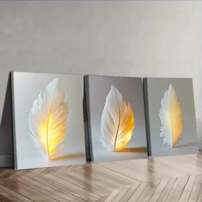 3pcs Feathers that glow Wall Art Set Canvas Framed 50x70cm - High Quality Print 100% Australian Made Wall Canvas Ready to Hang