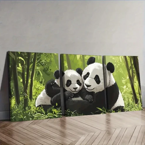 3pcs Cute panda family Wall Art Set Canvas Framed 40x60cm – High Quality Print 100% Australian Made Wall Canvas Ready to Hang
