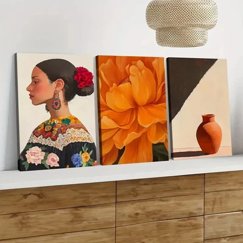 3pcs Mexican Art Marigold Mexican Woman Portrait Wall Art Set Canvas Framed 50x70cm – High Quality Print 100% Australian Made Wall Canvas Ready to Hang