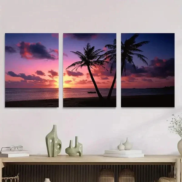 3pcs Palm Tree Ocean Beach Sunset Wall Art Set Canvas Framed 50x70cm – High Quality Print 100% Australian Made Wall Canvas Ready to Hang