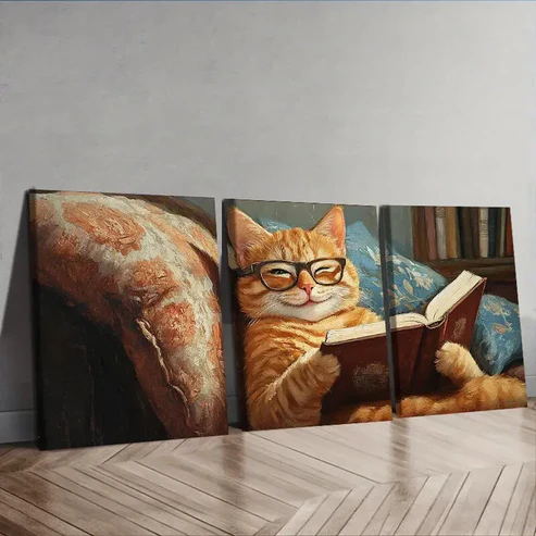 3pcs A cat reading on the couch Wall Art Set Canvas Framed 40x60cm – High Quality Print 100% Australian Made Wall Canvas Ready to Hang
