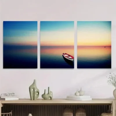 3pcs Serene Sunset Boat Blue & Orange Sky Wall Art Set Canvas Framed 50x70cm - High Quality Print 100% Australian Made Wall Canvas Ready to Hang