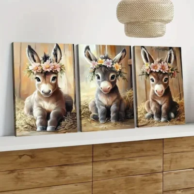 3pcs Cute Baby Big Eyes Donkey Florals & Leaves Wall Art Set Canvas Framed 50x70cm - High Quality Print 100% Australian Made Wall Canvas Ready to Hang