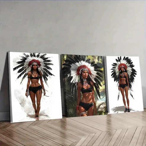 3pcs Indian Girls Wearing Feathered Headdresses Wall Art Set Canvas Framed 40x60cm – High Quality Print 100% Australian Made Wall Canvas Ready to Hang